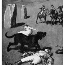 The bodies of a man and a woman lie on a moor, a large hound between them