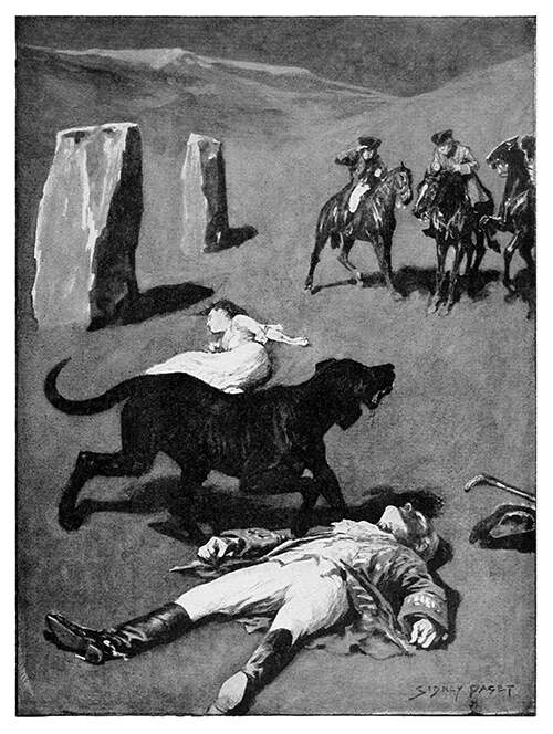 The bodies of a man and a woman lie on a moor, a large hound between them