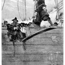 A blindfolded man stands at the end of a plank extended over the side of a ship
