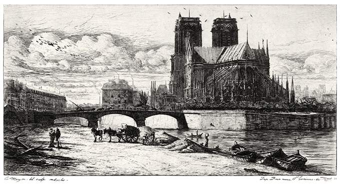 Notre-Dame Cathedral as seen from the East, with The pont de l'Archevêché & the former Hôtel-Dieu
