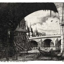 The Seine is seen through the arch of bridge with the Pont-au-Change in the background