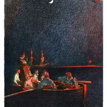 Sailors are watching from a rowboat a fire in the night, of which only the red glow can be seen