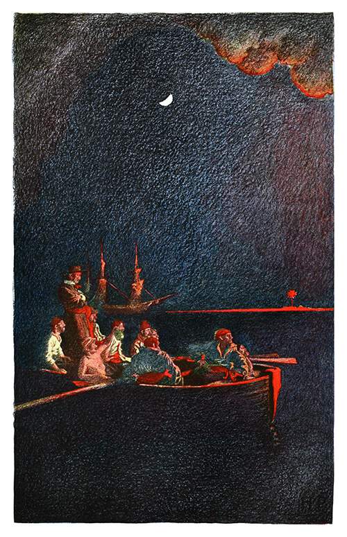 Sailors are watching from a rowboat a fire in the night, of which only the red glow can be seen