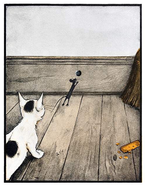 A cat is seen from behind watching a mouse about to jump through a hole in the baseboard