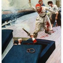 A sailor wounded in the leg brandishes a belaying pin while moving toward a covered hatch
