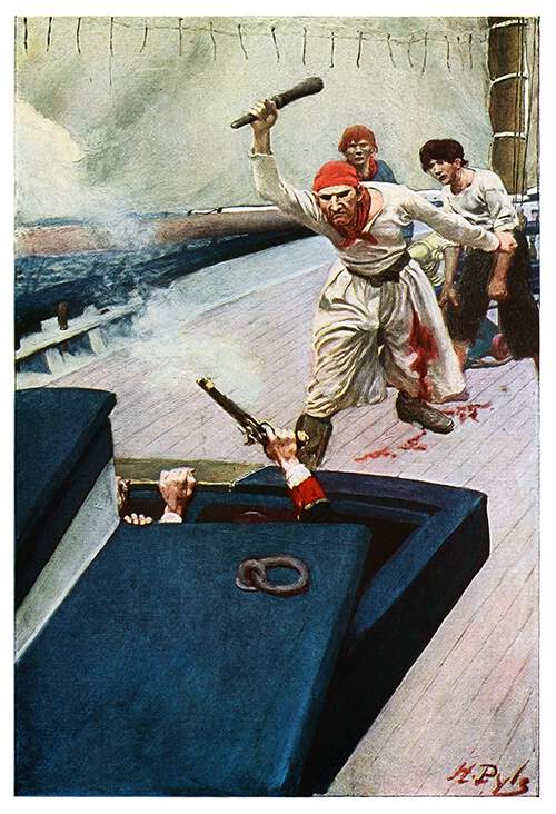 A sailor wounded in the leg brandishes a belaying pin while moving toward a covered hatch
