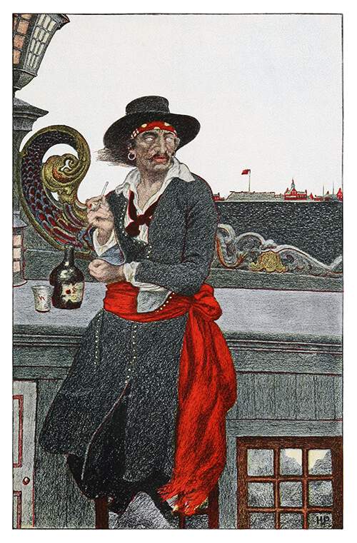 A man wearing a gray coat, a red sash, and a hat stands on the poop deck of a ship smoking a pipe