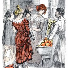 A group of cheery women bargains with a street seller over some fruit