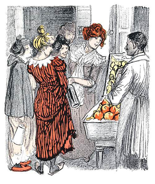 A group of cheery women bargains with a street seller over some fruit