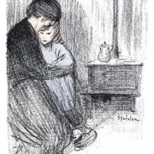 A woman hugs her son in a bleak room at the back of which a stove can be seen