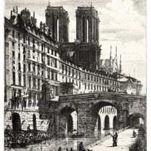 view view of the quai du Marché-Neuf showing the former Hôtel-Dieu, the Petit-Pont, and Notre-Dameof the quai du Marché-Neuf showing apartment buildings, the Petit-Pont, and Notre-Dame