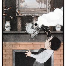 A boy accidentally fires a gun, smashing a clock and making a hole in the wall