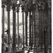 View of the Chimera gallery at Notre-Dame, showing the colonnade and crows fluttering about