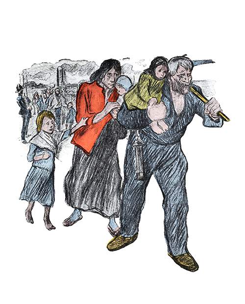 A worker moves forward, followed by the rest of his family as he carries a child in his arm