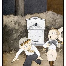 Two boys in plus fours are running away from a swarm of bees coming out of a beehive