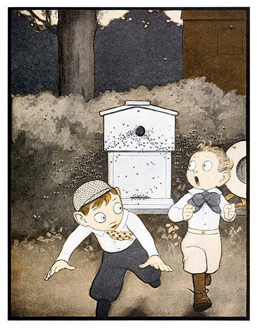 Two boys in plus fours are running away from a swarm of bees coming out of a beehive