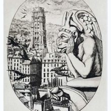 An anthropomorphic chimera leans over a balustrade of Notre-Dame Cathedral, overlooking Paris