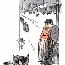 A pimp and his girl stand by a streetlamp on a street overrun by frisky dogs