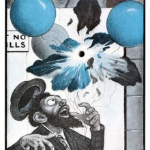 A bearded balloon seller looks up in startled dismay as one of his balloons bursts