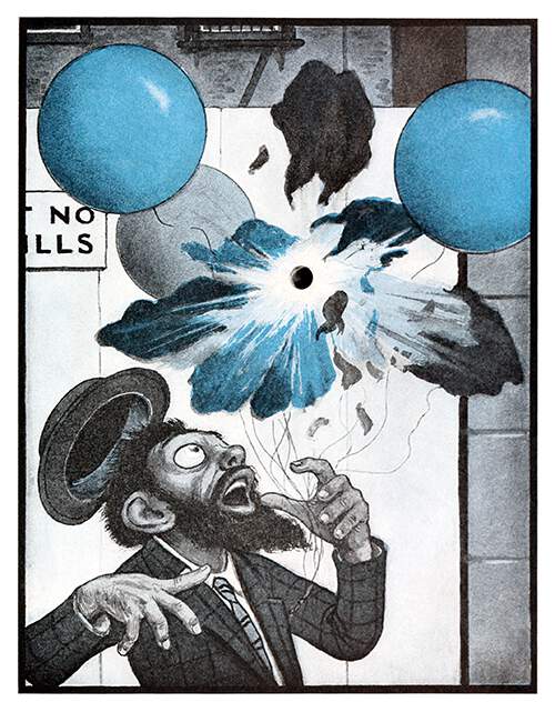 A bearded balloon seller looks up in startled dismay as one of his balloons bursts