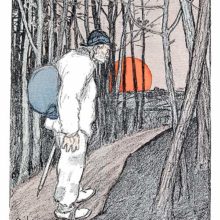 A vagabond pauses under the setting sun as he approaches a village the viewer can't see
