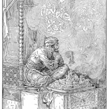 A man sitting cross-legged looks dreamily at translucent figures dancing in a cloud of smoke