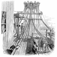 The Brooklyn Bridge under construction, with worker's walkways and cables being spun