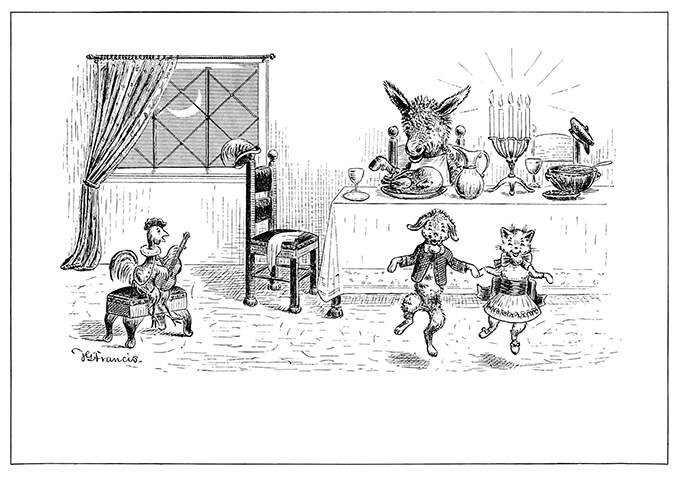 A cat and a dog dance to a chicken playing the guitar while a donkey sits at the dinner table