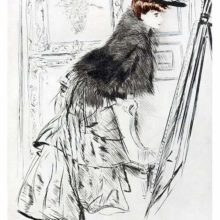 At an exhibition, a woman is seen from the side taking a closer look at a painting