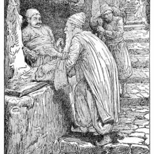 A man has stopped at a butcher's shop and completes his purchase handing a coin over the counter