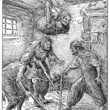 Three men in a room try to locate the fourth one who is hanging from the ceiling on a rope