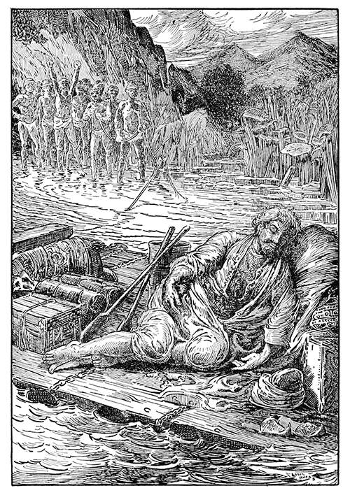 A man is on a raft going downstream, which a group of men endeavors to fasten to a post