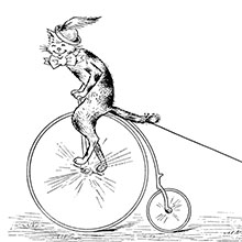 A cat wearing a feathered hat rides a penny-farthing, towing three kittens on roller-skates