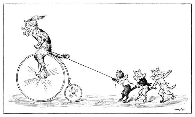 A cat wearing a feathered hat rides a penny-farthing, towing three kittens on roller-skates