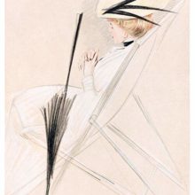 A is seen slightly from the back sitting in a deckchair, a parasol at her side