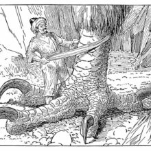 A man stands at the foot of an enormous bird and wraps a strap of fabric around its leg