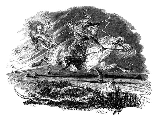 A man runs away on the back of a galloping horse, look in fright at the creature behind him