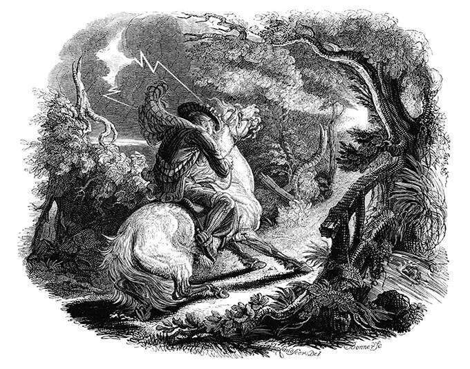 A man rides a scared horse which stops short before a small bridge on a path across woodland