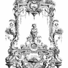 Rocaille composition combining seashell-like elements and vegetation with mythological figures