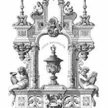 Architectural composition combining arches and cornices, decorated with mythological creatures