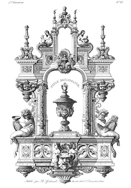 Architectural composition combining arches and cornices, decorated with mythological creatures