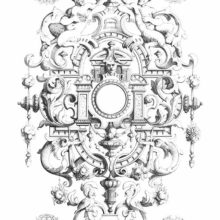 Composition combining architectural elements with figures of birds and mythological creatures