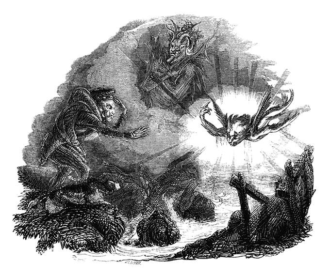 A man stands on rocks by the water and gestures toward an inviting flying creature