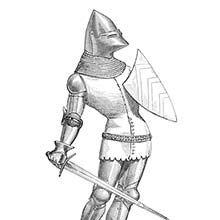 Medieval soldier carrying shield and sword and wearing a bascinet, a mail coif, and a jupon