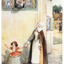 A woman leans out of a window to talk to a mother with her little girl in the street below
