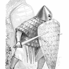 Eighth-Century foot soldier wearing a coat of plate and covers himself with a kite shield