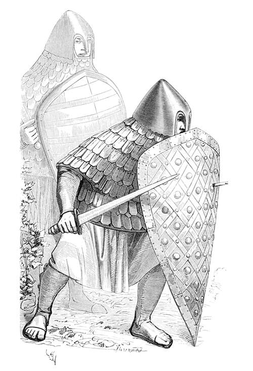 Eighth-Century foot soldier wearing a coat of plate and covers himself with a kite shield
