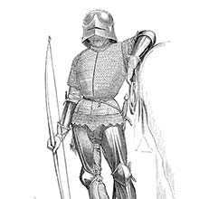 A Fifteen-Century mounted franc-archer stands with his bow, leaning on his horse