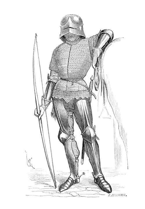 A Fifteen-Century mounted franc-archer stands with his bow, leaning on his horse