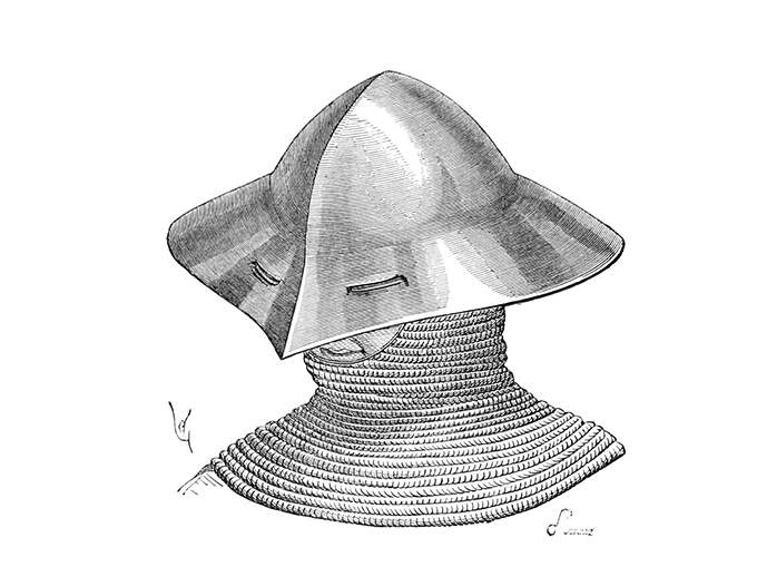 Medieval kettle hat with eyeholes and worn over a mail coif extending to the shoulders